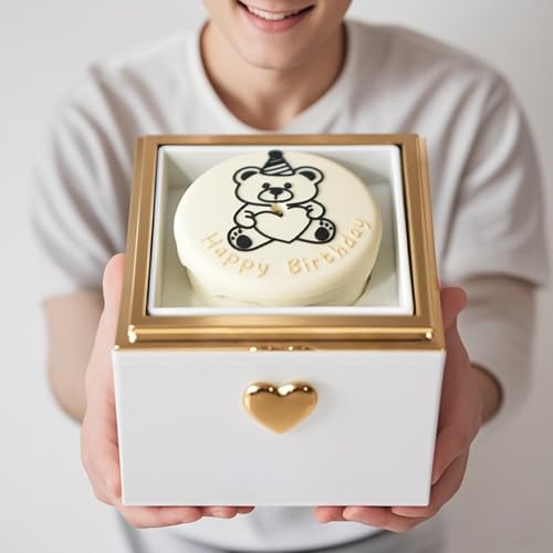 Little Bear Cake Rotating Engagement Ring Box for Proposal, Surprise Ring Necklace Box for Wedding Anniversary Birthday Mothers Day Gifts, Surprise Ring Beare Jewelry box for Women white