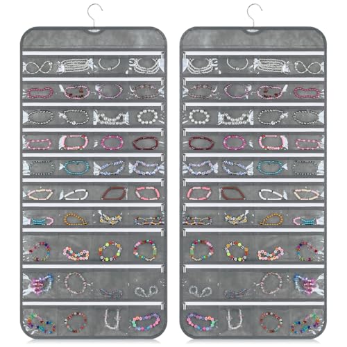 SynHHergyx 2 Pack Zippered Pocket Hanging Jewelry Organizer Dual-Sided Zipper Jewelry Holder Hanging Storage Organizer for Holding Earrings Bracelets Rings, Each with 80 Zippered Pockets