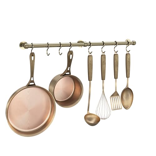 ROTHLEY Stainless Steel Hanging Pot Rack Hanger: 23.7 Inch Pot and Pan Hanger Wall Mounted Hanging Pot Bar Rack Heavy Duty Pot Hangers Kitchen Rail with 8 S Hooks (Antique Brass) Antique Brass