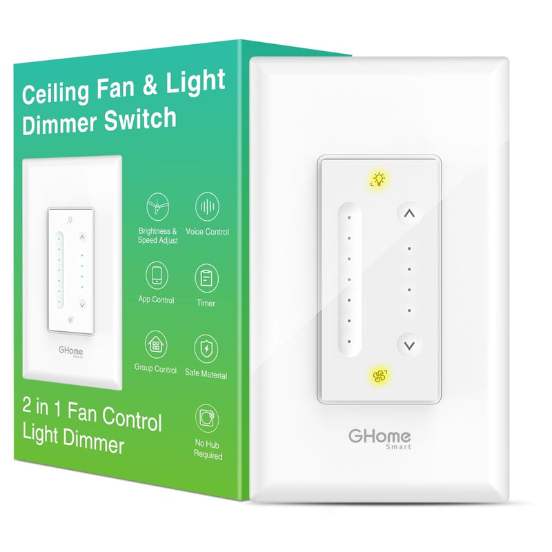 [Australia - AusPower] - GHome Smart Dimmer Switch with 4-Speed Ceiling Fan Control, Ceiling Fan and Light Switch Combo with Dimmer Compatible with Alexa and Google Assistant, 2.4Ghz Only, Single-Pole, UL Certified 1 Pack 