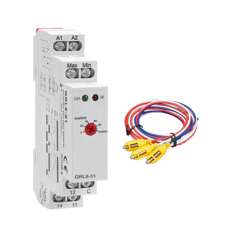 Water Level Sensor Control Relay 10A GRL8-01 AC/DC 24V-240V Liquid Level Control Relay in Din Rail, Automatic Drain and Inlet Electronic Liquid Level Controller with 5ft Detector Sensor PLT-01 GRL8-01-AC/DC 24V-240V +with 5ft Detector Sensor