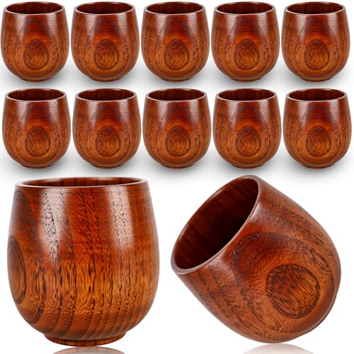 12 Pcs Wooden Cup Bulk Coffee Mug Natural Solid Wood Tea Water Cup Japanese Teacup for Wine Beer Hot Drinks Water Milk Mug Cup Top Grade, 6 oz