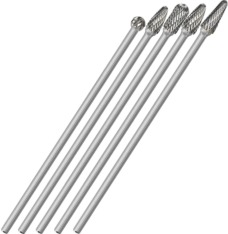 Sworker 5Pcs Long Carbide Burr Set 1/4" Shank Total L 6.2" Die Grinder Bits Rotary Rasp Attachment Cut Port Grind Metal Cast Iron Steel Aluminum Cylinder Head Engine Intake Exhaust Manifold Tight Area 1/4x6.2"Shank,5Pcs