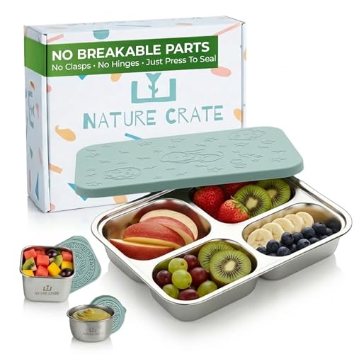 Stainless Steel Lunch Box for Kids 5 and Older – 3 Pieces Stainless Steel Bento Box with 4 Compartments & 2 Snack Containers – Leak Proof, BPA-Free, Eco-Friendly, Dishwasher Safe & Durable – Green