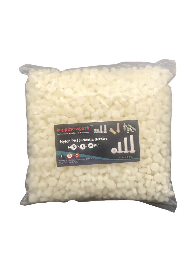 [Australia - AusPower] - 1000PCS Hexagonal Head Nylon Screws M5x8 - Chemical Resistant Fastener Kit, Non-Conductive PA66 Bolts for PCB/Automotive Assembly White 