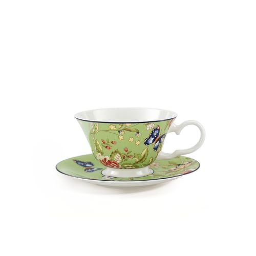 Aynsley Cottage Garden Windsor Fine Bone China Teacup & Saucer, 7.5oz -Green Garden Green