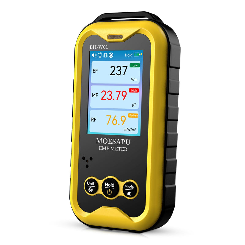 EMF Meter, 3-in-1 Electromagnetic Radiation Detector for EF MF RF Field, Electric Magnetic Radio Frequency Monitor, Portable Rechargeable Battery Reader for Microwave Ghost Hunting, BH-W01 Yellow