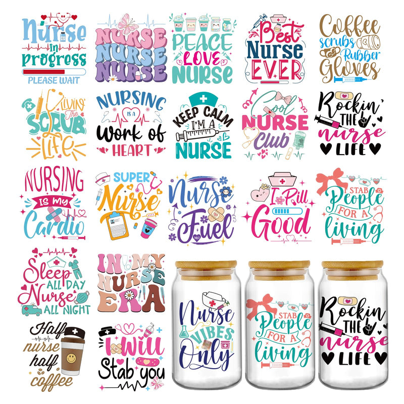[Australia - AusPower] - Nurse UV DTF Stickers - 20 Sheets Peace Love Nurse Uvdtf Cup Wraps for 16 20 oz Glass Water Bottle, Stethoscope Mask Waterproof Transfer Sticker Decals DIY Coffee Mug Journal Decor Gift for Nursing 