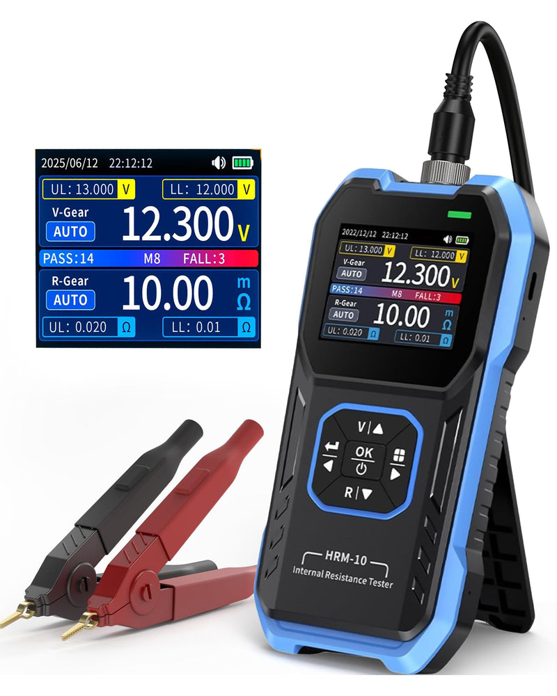 HRM-10 Battery Internal Resistance Tester, 4-Wire Car Battery Analyzer & Voltmeter, 0-100V 0-200Ω, with Sorting Mode, Auto/Manual Range for Car, Li-ion, Lead Acid