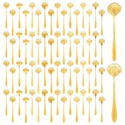 Ptwola 64 Pcs Flower Coffee Tea Spoons Stainless Steel Teaspoon Tea Party Spoons Cute Demitasse Scoop for Stirring Coffee Sugar Drink Kitchen Cafe Bar Tableware Party Favors Decor (Gold)