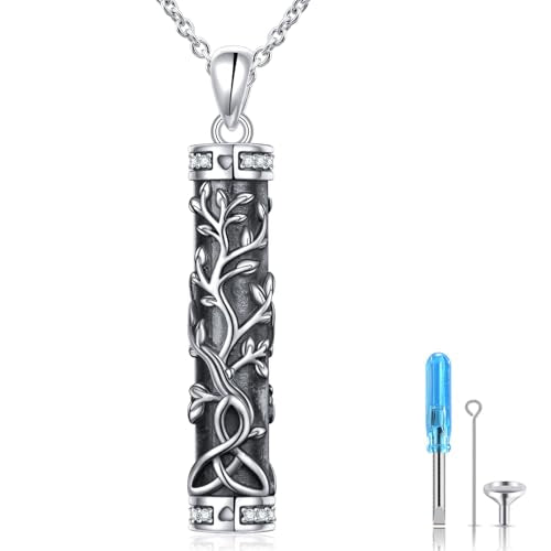 Urn Necklace for Ashes Cylinder Bar Heart Shaped Urn Tree of Life Celtic Necklace 925 Sterling Silver Cremation Jewelry Ashes Pendant Keepsake Memorial Jewelry for Women Men Silver/Gold