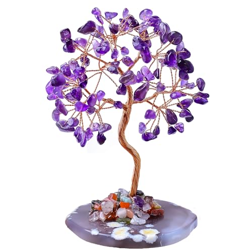 Natural Amethyst Healing Crystal Tree of Life with Agate Base, Handmade Spiritual Decor for Positive Energy, Meditation Gifts for Women, Mom, Home & Office Style-3