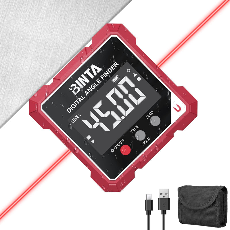 [Australia - AusPower] - BINTA Magnetic Digital Angle Finder with Laser, Rechargeable IP54 Waterproof Dustproof Digital Angle Gauge Inclinometer, Table Saw Miter Angle Gauge for Woodworking Machinery DIY(Class II Laser <1mW) 