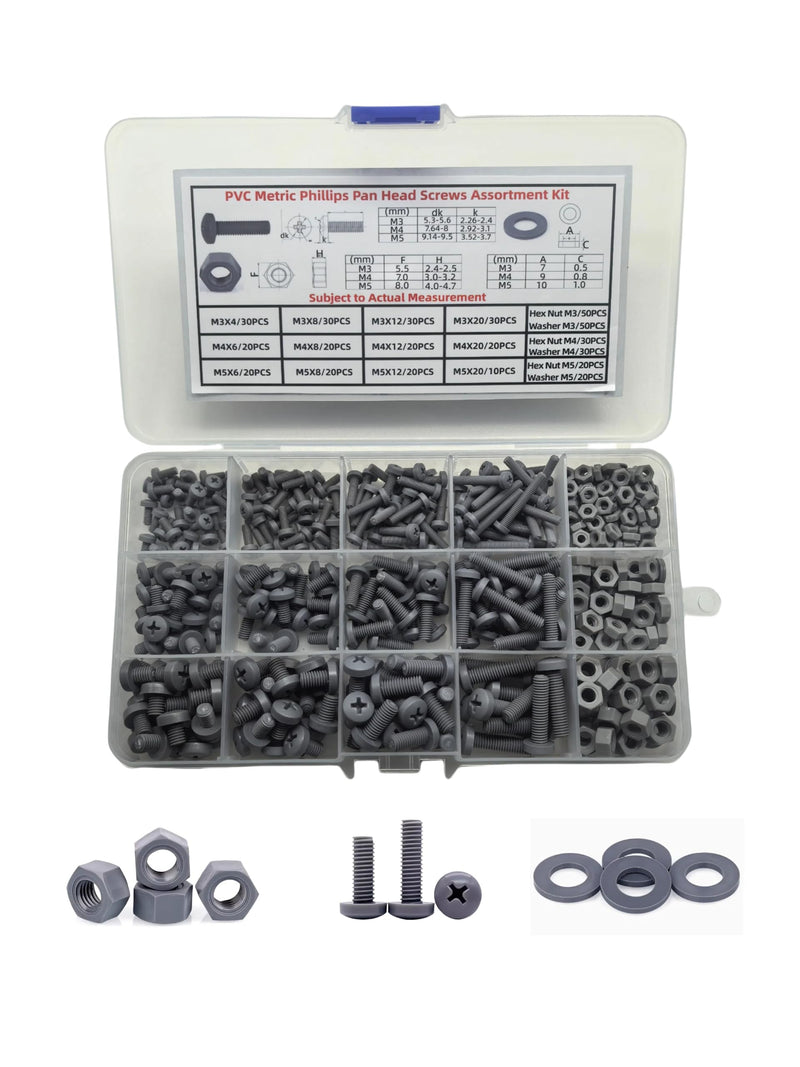 [Australia - AusPower] - PVC Metric Phillips Pan Head Screws with Nuts and Washers Set M3 M4 M5 Assortment Hardware Kit Total 470PCS Grey M3-M5 