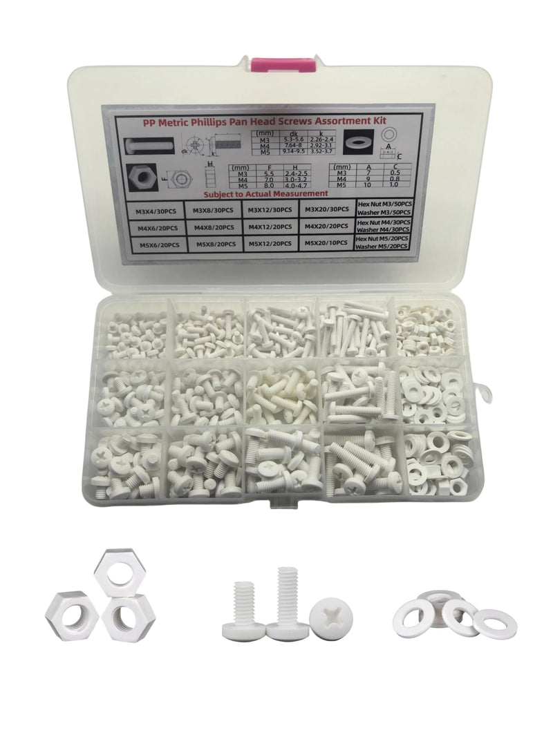 [Australia - AusPower] - Polypropylene (PP) Metric Cross Phillips Pan Head Screw Assortment Kit - M3 M4 M5 Plastic Fasteners w/Nuts, Washers, 470Pcs in Plastic Case (Non-Conductive, Lightweight) White M3-M5 