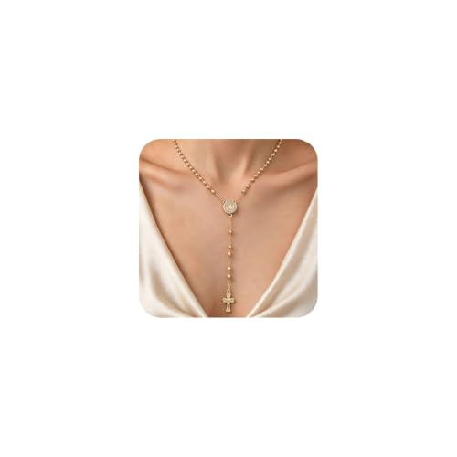 XUANPAI Virgin Mary Necklace,14k Gold Plated Rosary Bead Cross Necklaces