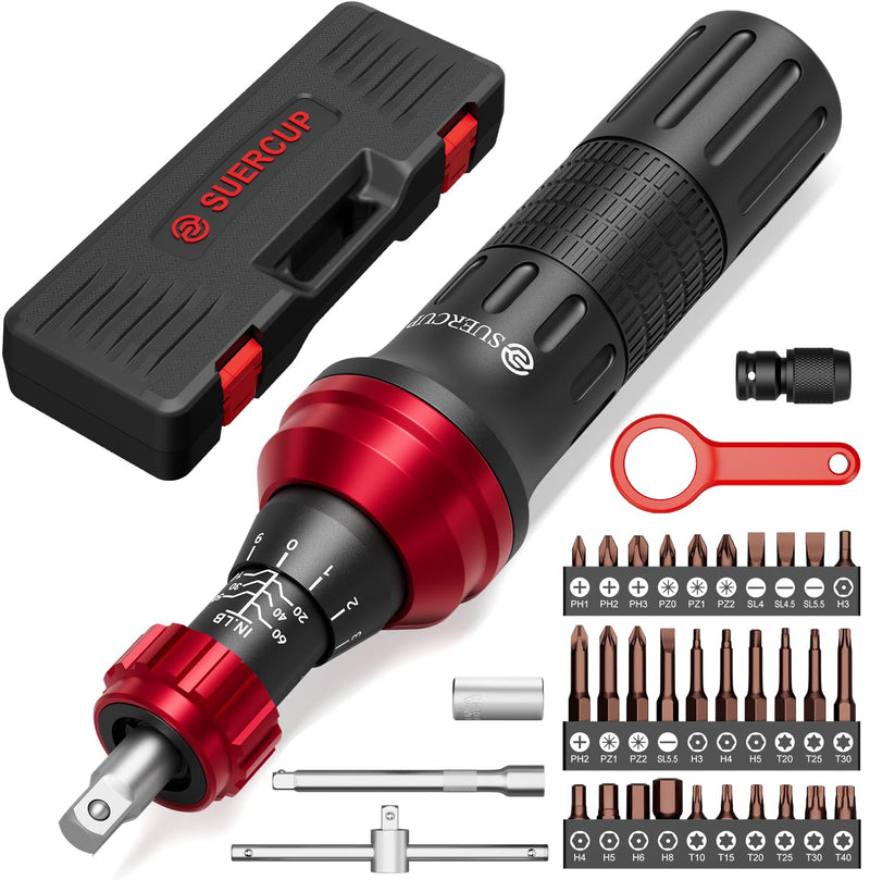 SUERCUP 1/4" Torque Screwdriver (10-60 in-lb), 36 PCS Set for Gunsmithing | Torque Wrench Screwdriver with T-bar, Hex, Torx, and Phillips S2 Bits, for Scope and Bike Mounting, precision instruments