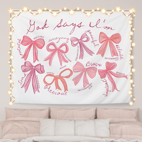 AQYIP Coquette Pink Bow Christian Tapestry, God Says I Am Motivational Bible Verse Tapestry, Pink Girly Christian Wall Blanket Decor for Girls Room Dorm Apartment, 50x60 Inch 4 - god says i am