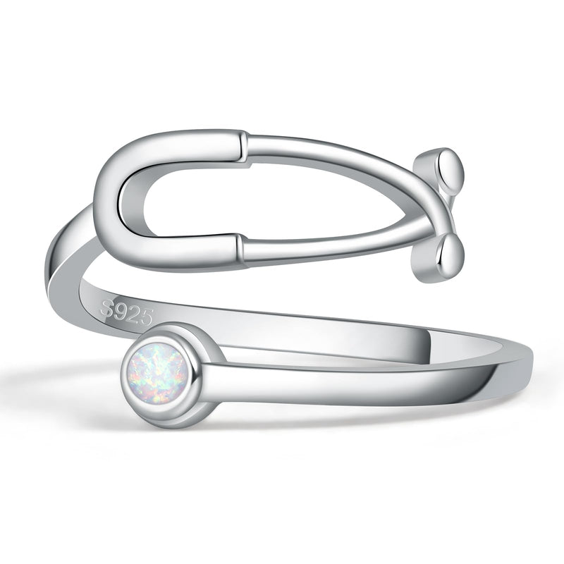 [Australia - AusPower] - Stethoscope Rings for Women Sterling Silver Adjustable Heartbeat Jewelry for Doctor Nurse Medical Student RN Nurse Gifts Opal 