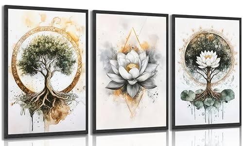 Bexzeak 3PCS Zen Tree of Life Canvas Meditation Lotus Wall Art Unframed 24"L x 16"W-Unframed