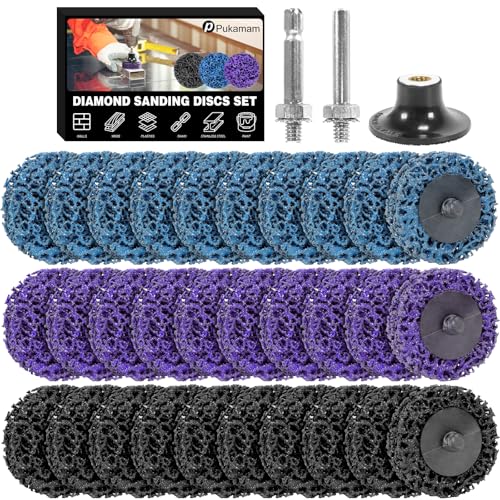 Pukamam 33-piece 2-inch quick change diamond sanding discs in black, purple, and blue.