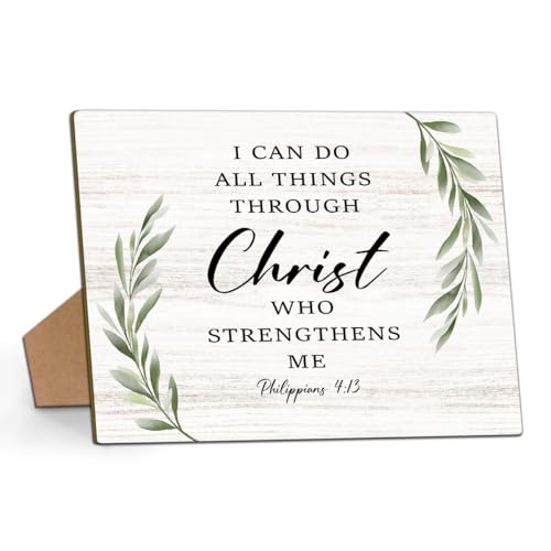 Bible Verse Philippians 4:13 - I Can Do All Things Through Christ Who Strengthens Me Sign, Home Bedroom Office Desk Decorations Jesus Decor, 8x11 Inch Greenery Wooden Sign with Stand-24