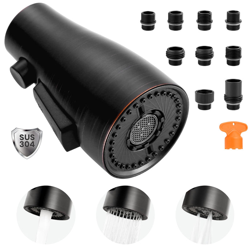 Metal Kitchen Faucet Head Replacement: 3-Function Pull Down Spray Nozzle with 9 Adapters, Sink Sprayer Replacement Compatible with Moen, Delta, Kohler, American Standard Faucets, Oil Rubbed Bronze Stainless Steel