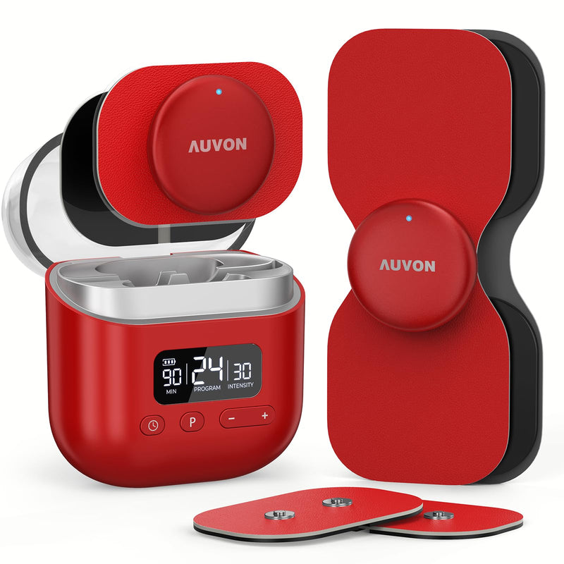 AUVON Wireless 24 Modes TENS Unit Muscle Stimulator for Pain Relief, Smart Rechargeable TENS Machine with Dual Size 6 TENS Pads for Physical Therapy, Pocket-Size TENS Device for Shoulder & Back Pain Red