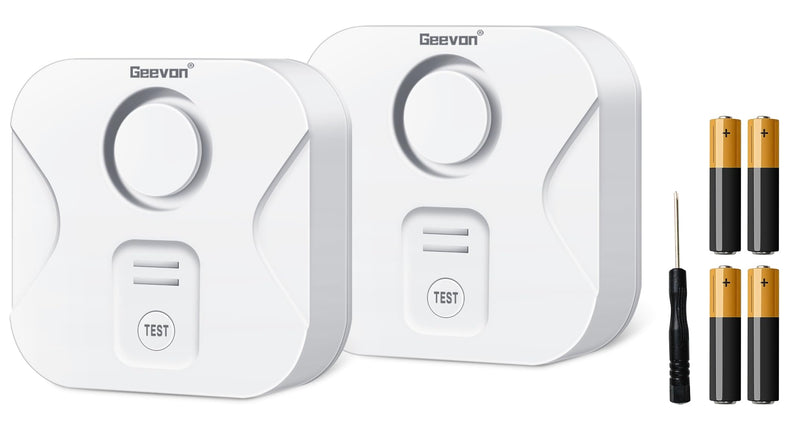 [Australia - AusPower] - Geevon 2 Pack Water Leak Detectors for Home, 100dB Water Sensor Alarm Flood Leakage Detection Devices for Bathroom, Basements, Laundry Rooms, Kitchen, IP56 Waterproof(Battery＆Screwdriver Included) Batteries＆Screwdriver Included 