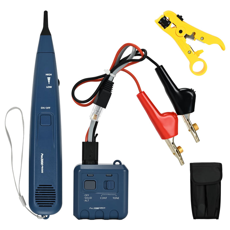 [Australia - AusPower] - Pro 3000 Tone Generator and Probe Kit, Tone Generator Wire Tracer, Handheld Telephone Line Finder with SmartTone Technology, Including a Cable Stripper, for Flat or Round Cat5 Cat6 Wire 