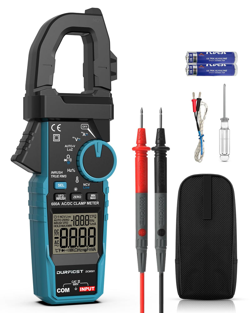 [Australia - AusPower] - Clamp Meter DURFICST Digital Inrush Clamp Multimeter AC/DC 600A 6000 Counts Amp Voltage Tester with VFD, LOZ Mode，Measures AC/DC Current Voltage NCV Temperature Resistance Capacitance Frequency 