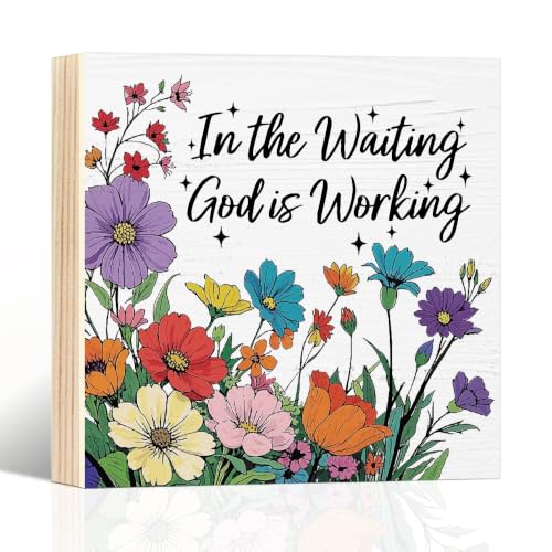 In the Waiting God Is Working Wooden Box Sign, Floral Plaque White 2