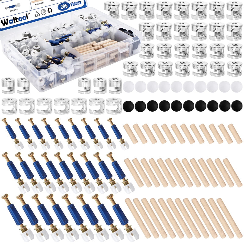 [Australia - AusPower] - 285Pcs 3-in-1 Eccentric Wheels Kit, Furniture Cam Lock Fasteners with Dowel, Pre-Inserted Nut, Wood Dowel Pins, Screw Caps, Nut & Bolt Assortment Set Compatible with IKEA 