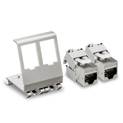 FGB 10Gbps 2x CAT 7 Keystone Jack Module with 1x 2-Port DIN Rail Adapter | Tool-free LSA - metal STP shielding RJ45 socket snap-in mounting for 35 mm DIN rails - Ethernet LAN network switch 2 port-2x keystone + 1x holder
