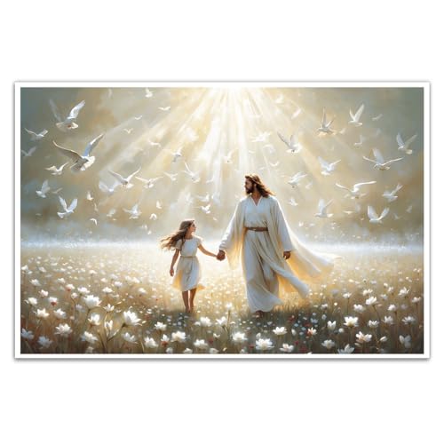 Jesus walking with girl canvas wall art I will walk with Christ peace dove floral poster print modern bible inspirational spiritual painting christian tranquil prayer room church bedroom home decor jesus-3 18"L x 12"W