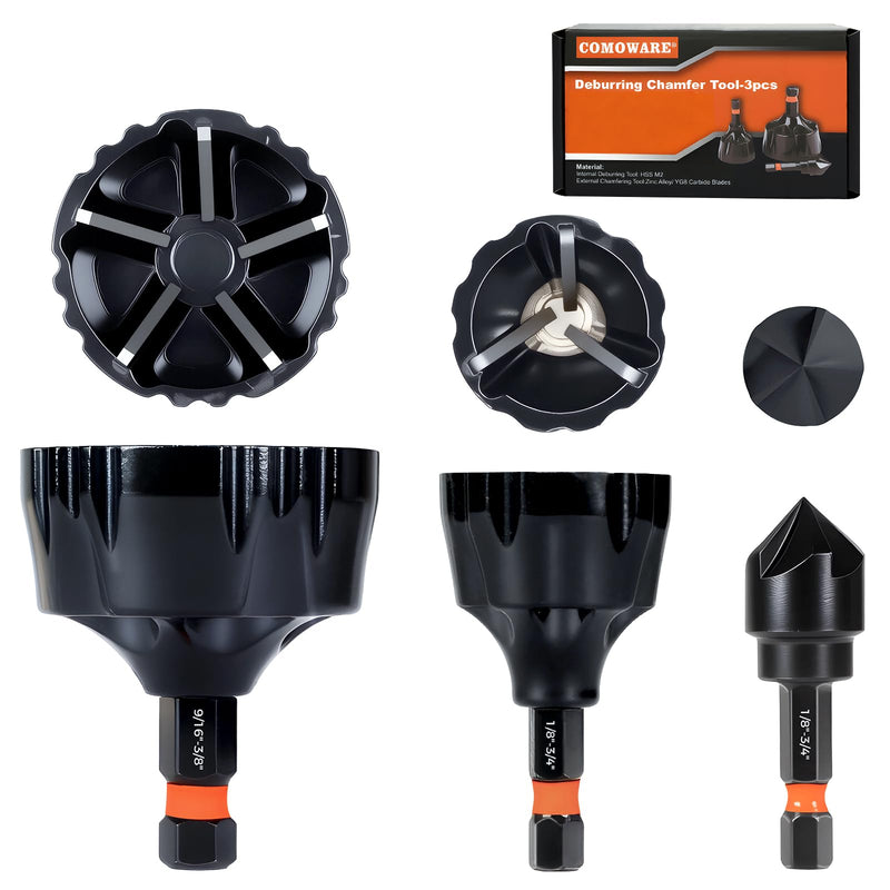 COMOWARE Threaded Rod Deburring Tool, External Chamfer Tool for Metal, Tungsten Carbide Chamfer Bit, Deburring Drill Bit, Remove Burr Tools Quick Release Shank Fits for 1/8"- 1-3/8"(3mm-35mm) 3PCS 1/8"- 1-3/8"
