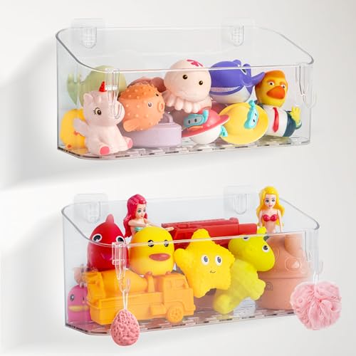 MUMUQ bath toy storage shower caddies, 2-pack clear adhesive rectangle caddies for baby and toddler bath organization
