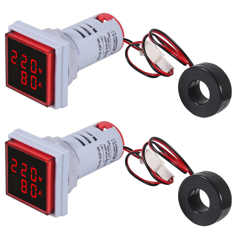 [Australia - AusPower] - 2pcs LED Display Voltmeter Ammeter,22mm Square Dual Display Digital Voltage Gauge Current Tester AC 0-100A 60-500V Meter Indicator(Red) 