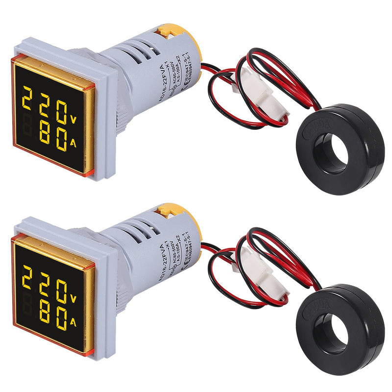 [Australia - AusPower] - 2pcs AC 60-500V 0-100A Digital Ammeter Voltmeter, 22mm Square LED Dual Display Voltage Gauge with Transformer, 110v 220v Voltage Tester Current Meter (Yellow) 