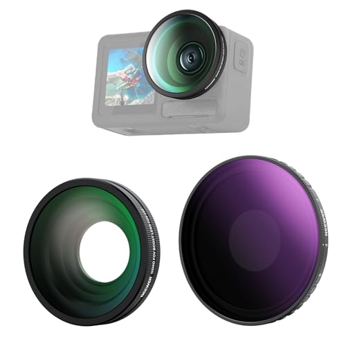 NEEWER Variable ND Filter Lens Kit Compatible with DJI Osmo Action 5 Pro/4, Screw On Multicoated HD Optical Glass ND8-32 (3-5 Stops) + 185° FOV Wide Angle Lens Action Camera Accessories, FL-54 2 Pack VND Filter Lens Kit