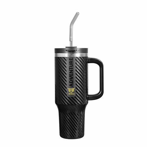 IROCA Adventure 40oz Tumbler with Handle & Straw – Leakproof, Hot 08h / Cold 60h, Food-Grade Stainless Steel, Black Carbon Fiber Finish.