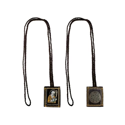 St Benedict Red Scapular Necklace, 2-Pack, Brown Cord, Catholic Escapulario Saint Benedict Medal Pendant Rear View Mirror or House Blessing Hanging Charm 2PCS Brown
