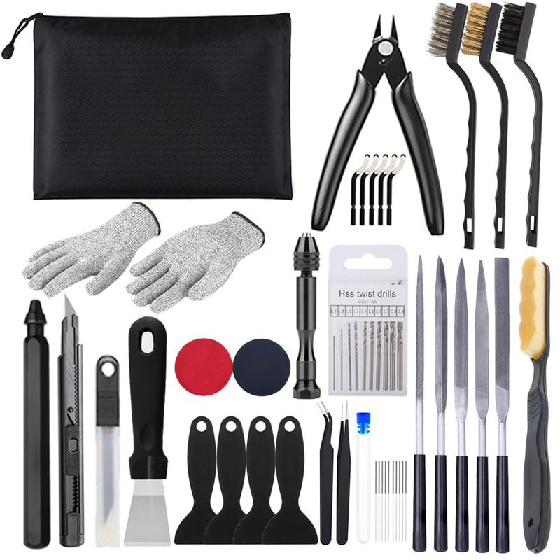 62PCS 3D Printer Tool Kit, 3D Post-Processing Accessories with Hand Drill, Deburring Tool, Cutter, Needle Files, Scrapers, Brushes, Tweezers, and Nozzle Cleaning Set for 3D Model Finishing Black bag 62pcs