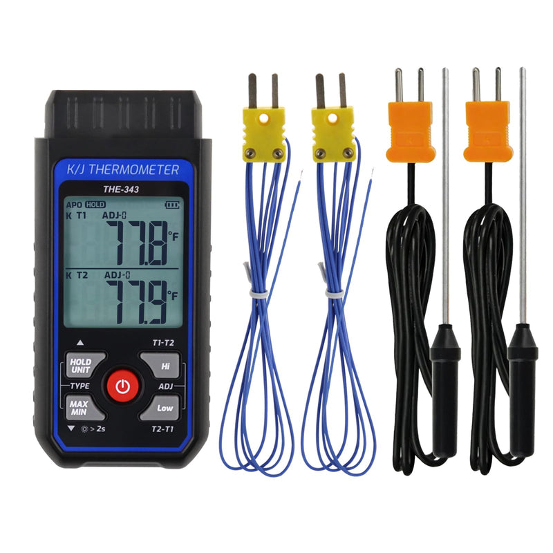[Australia - AusPower] - Thermocouple Thermometer Digital K/J Type with 4 K Type Thermocouple, HVAC Thermometer with Alarm & Adj Compensation, Temperature Meter -328°F ~ 2501°F Measuring Range 