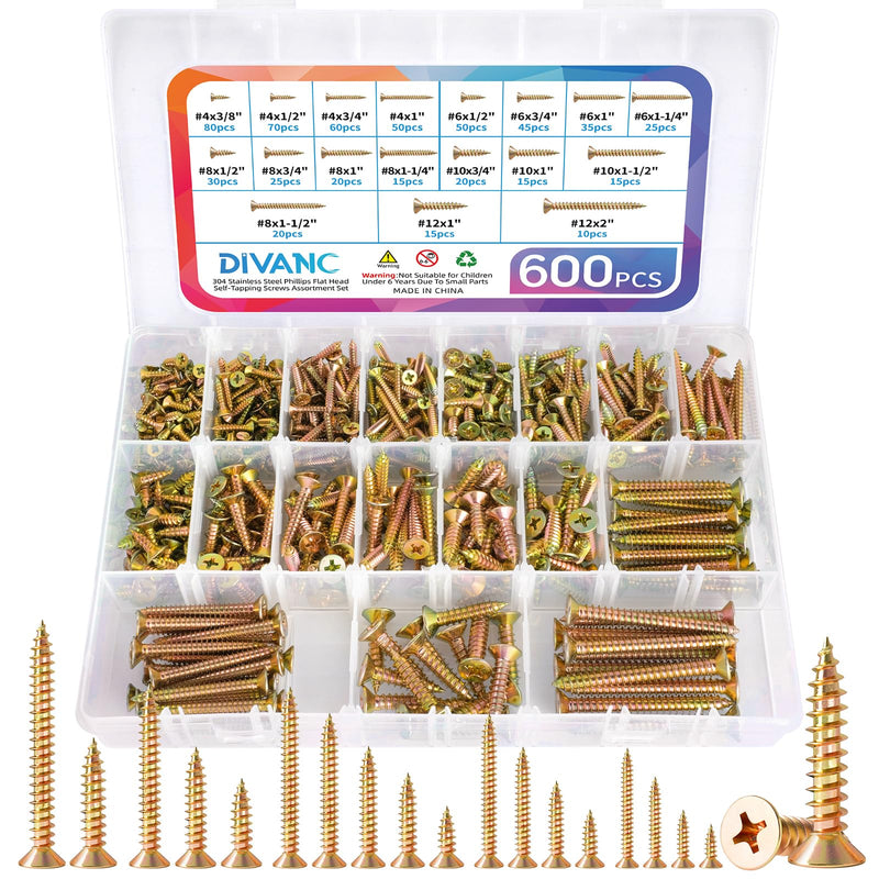 600Pcs Stainless Steel Zinc Plated Wood Screws Assortment Kit, #4#6#8#10#12 Phillips Flat Head Sheet Metal Screws Self Tapping Screws Set,Length 3/8" to 2" (Gold-Flat Head 600PCS) Gold-Flat Head 600PCS