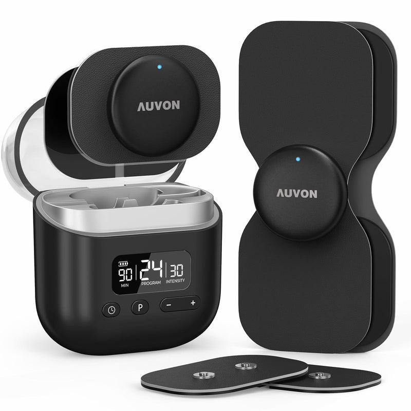 AUVON Wireless 24 Modes TENS Unit Muscle Stimulator for Pain Relief, Smart Rechargeable TENS Machine with Dual Size 6 TENS Pads for Physical Therapy, Pocket-Size TENS Device for Shoulder & Back Pain Black