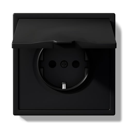Flush-mounted EU standard built-in Schuko socket with waterproof cover, wall socket, 16 amp, with PC frame, 80 x 80 mm, socket with claws, 1 socket, black, 1 gang with waterproof cover