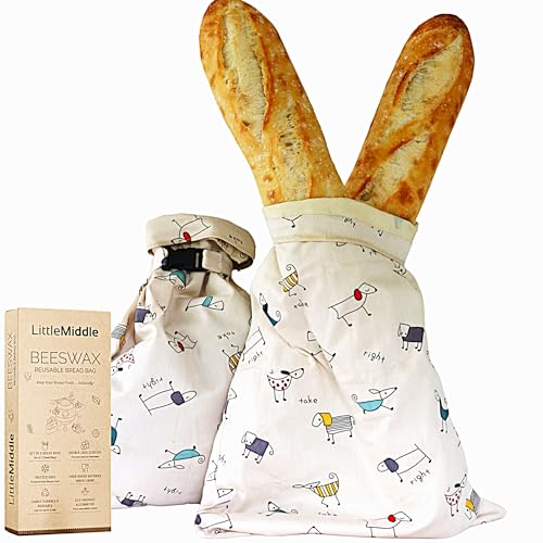 2 XL Beeswax Bread Bags for Homemade Bread, Reusable Cotton and Beeswax Storage for Sourdough or Artisan Loaves, Keeps Bread Fresh Longer, Freezer Safe, 12.5" x 16.5" Cream with Dog Print