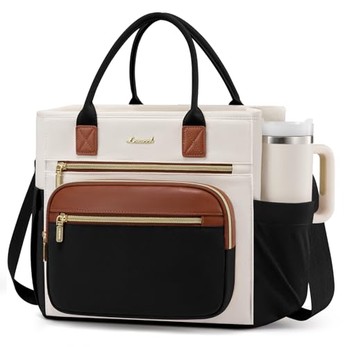 LOVEVOOK Insulated Lunch Box for Women,X Large Adult Lunch Cooler Bag Women Black with Off White with Brown X Large —18l