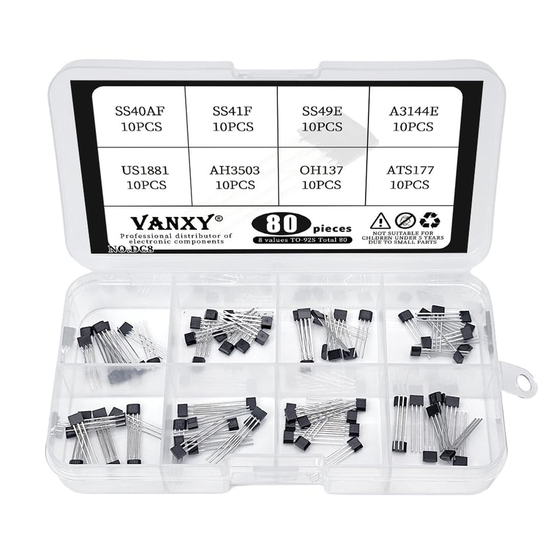 [Australia - AusPower] - 8Values*10Pcs=80Pcs Hall Sensor Kits SS40AF SS41F SS49E 40AF 41F 49E A3144E OH41F SS40 SS41 SS49 3144E U18 US1881 AH3503 OH137 ATS177 TO-92 Linear Switch 